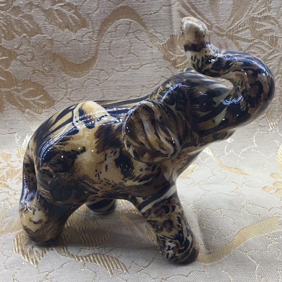 Vintage La Vie Safari Patchwork Ceramic Elephant / Trunk Up Figurine - Picture 1 of 9